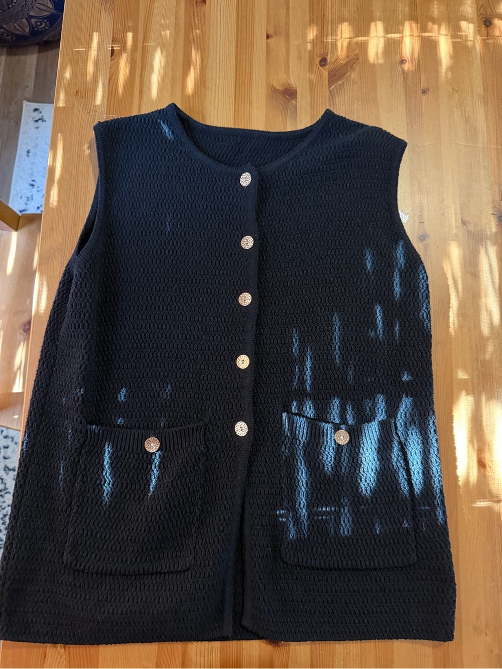 Black Textured Button Front Vest with Patch Pockets
